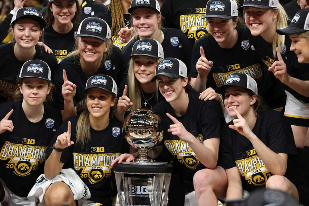 Iowa Hawkeyes winning the 2023 Big Ten women's basketball tournament.